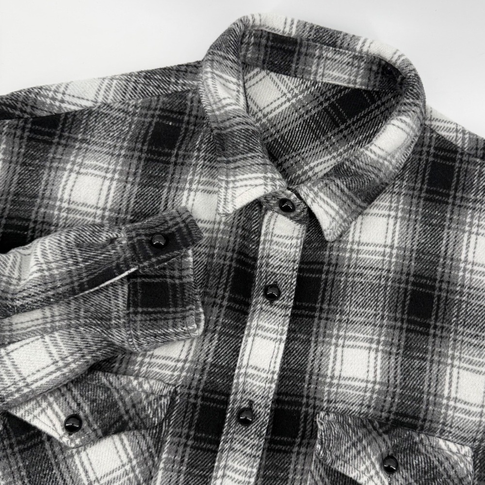 Womens Black White Plaid Flannel Shirt Long‎ Sleeve Button Up Shacket Small